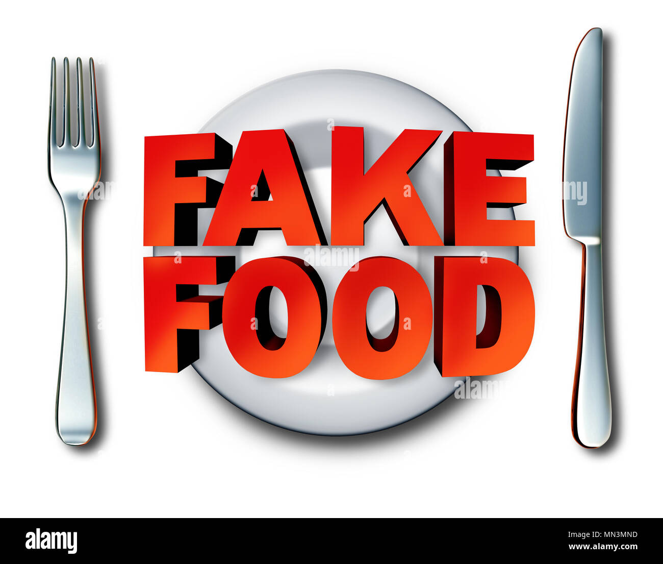 Fake cibo e merci contraffatte pasto come una piastra con cibi fraudolente come ingredienti frode travisando un prodotto al mercato come 3D'illustrazione. Foto Stock