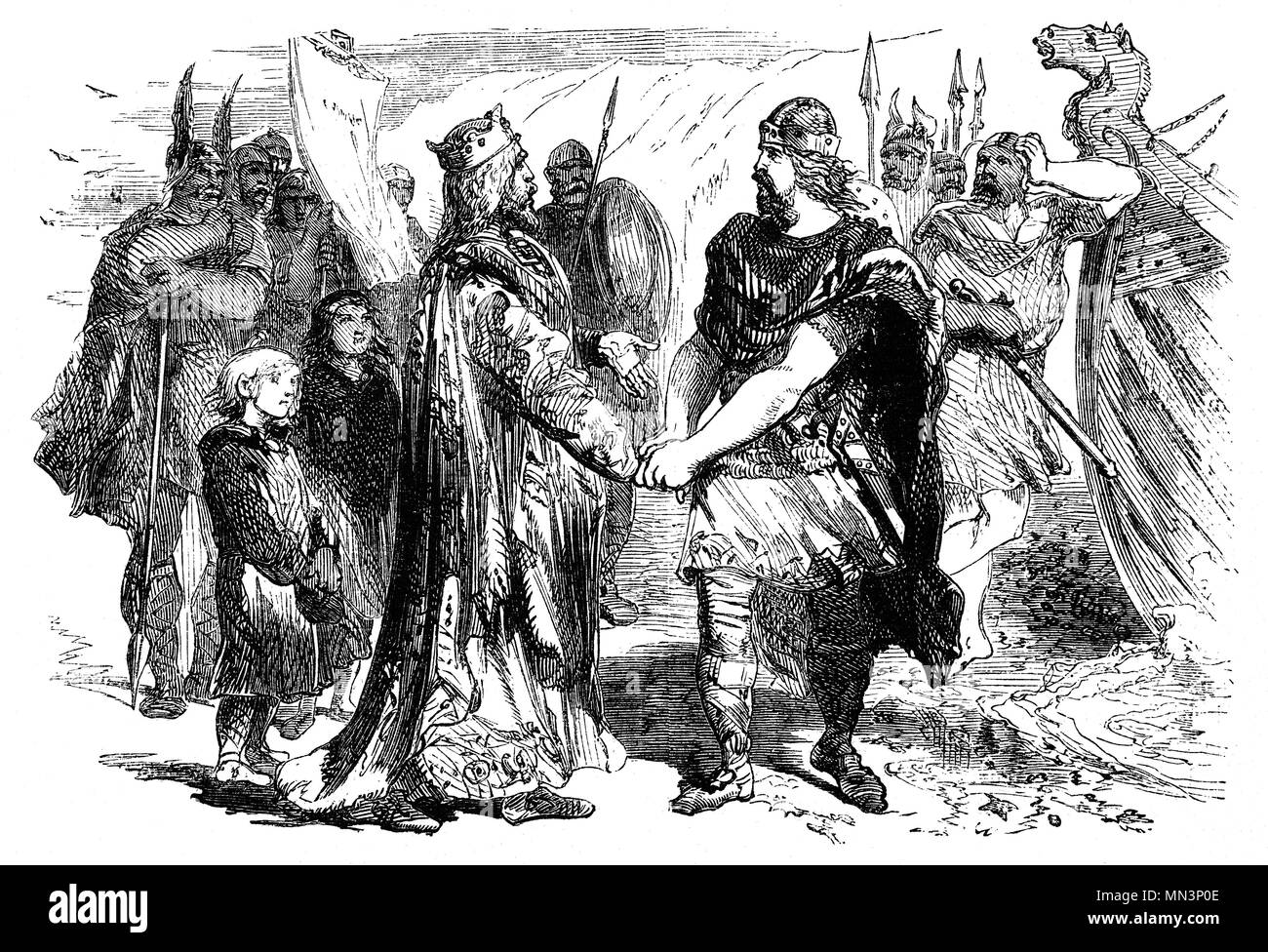 Edmund Ironside (990 – 1016), conosciuto anche come Edmund II, fu Re d'Inghilterra dal 23 aprile al 30 novembre 1016. Era figlio del re Æthelred l'Unready e il suo regno fu marinato da una guerra che aveva ereditato dal padre. Edmund combatté costantemente i danesi e i loro sostenitori inglesi fino alla decisiva battaglia di Assandun il 18 ottobre 1016, quando Re Knut sconfisse Edmund, dopo di che i due re si incontrarono sull'isola di Alney nel fiume Severn e negoziarono una pace che divideva il paese tra loro. Edmund ricevette Wessex mentre Cnut prese Mercia e probabilmente Northumbria. Foto Stock