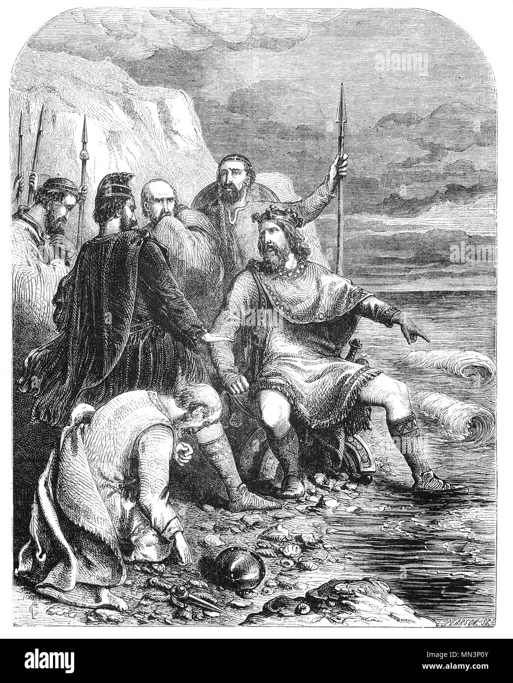 La storia del Cnut il Grande (995-1035), anche conosciuto come il re canuto e la marea è un aneddoto apocrifo in cui Canuto dimostra il suo lusinghiero cortigiani che egli non ha alcun controllo sugli elementi (la marea), spiegando che il potere laico è vana rispetto al potere supremo di Dio. L episodio è spesso accennato in contesti dove la futilità di 'cercando di fermare la marea " di un inesorabile evento è sottolineato, ma di solito travisando Canuto come credere che egli aveva poteri soprannaturali, quando è stato il contrario. Foto Stock