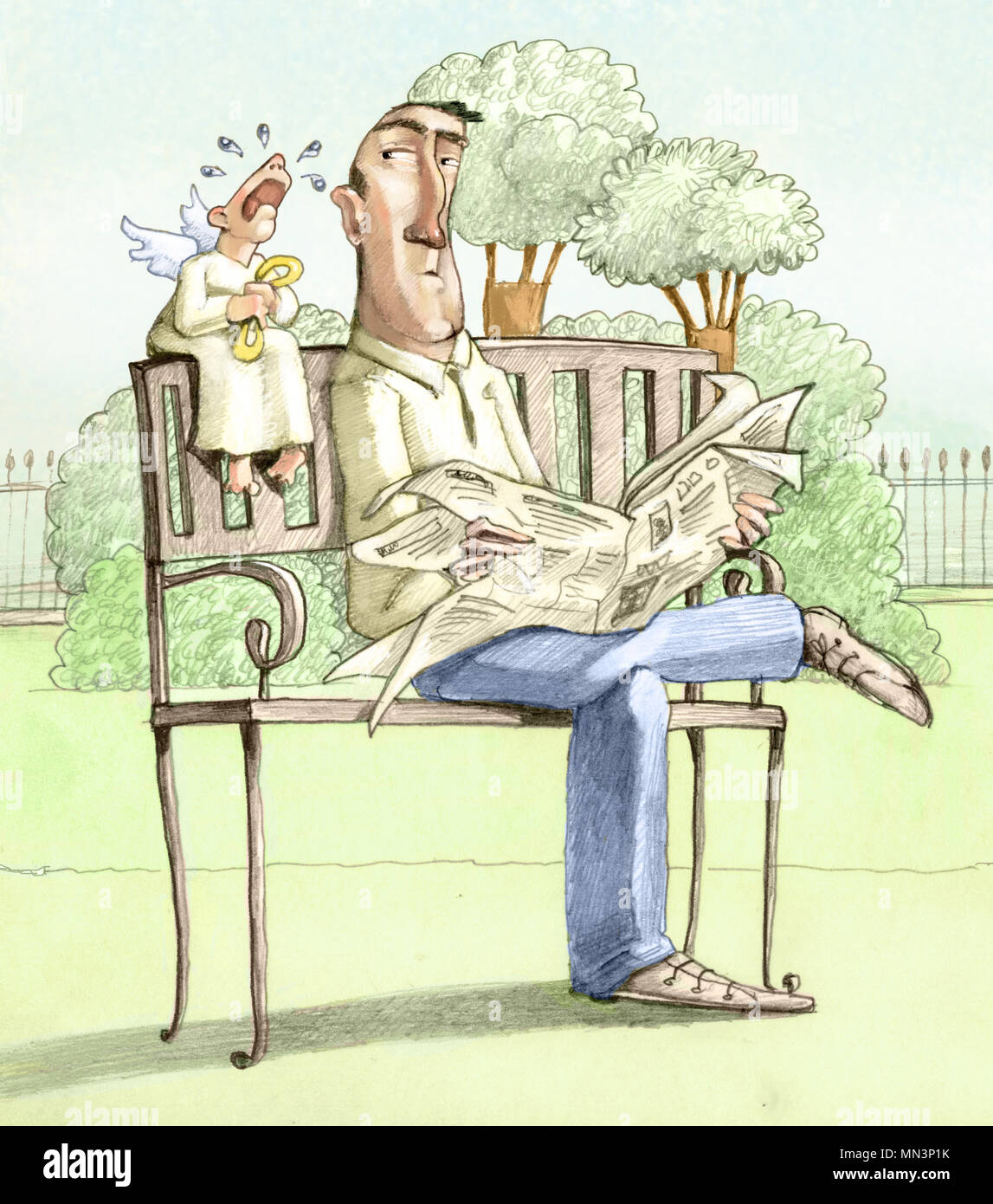 Uomo seduto sulla panchina del parco legge il giornale e il suo angelo custode di grido disperato per la news Foto Stock