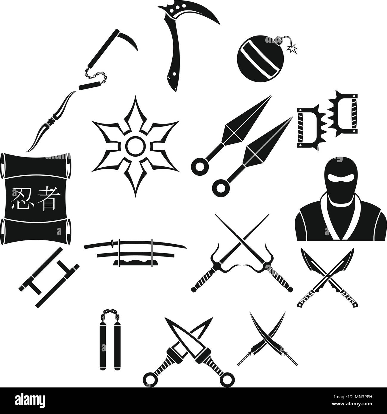 Strumenti di Ninja set di icone, stile semplice Illustrazione Vettoriale