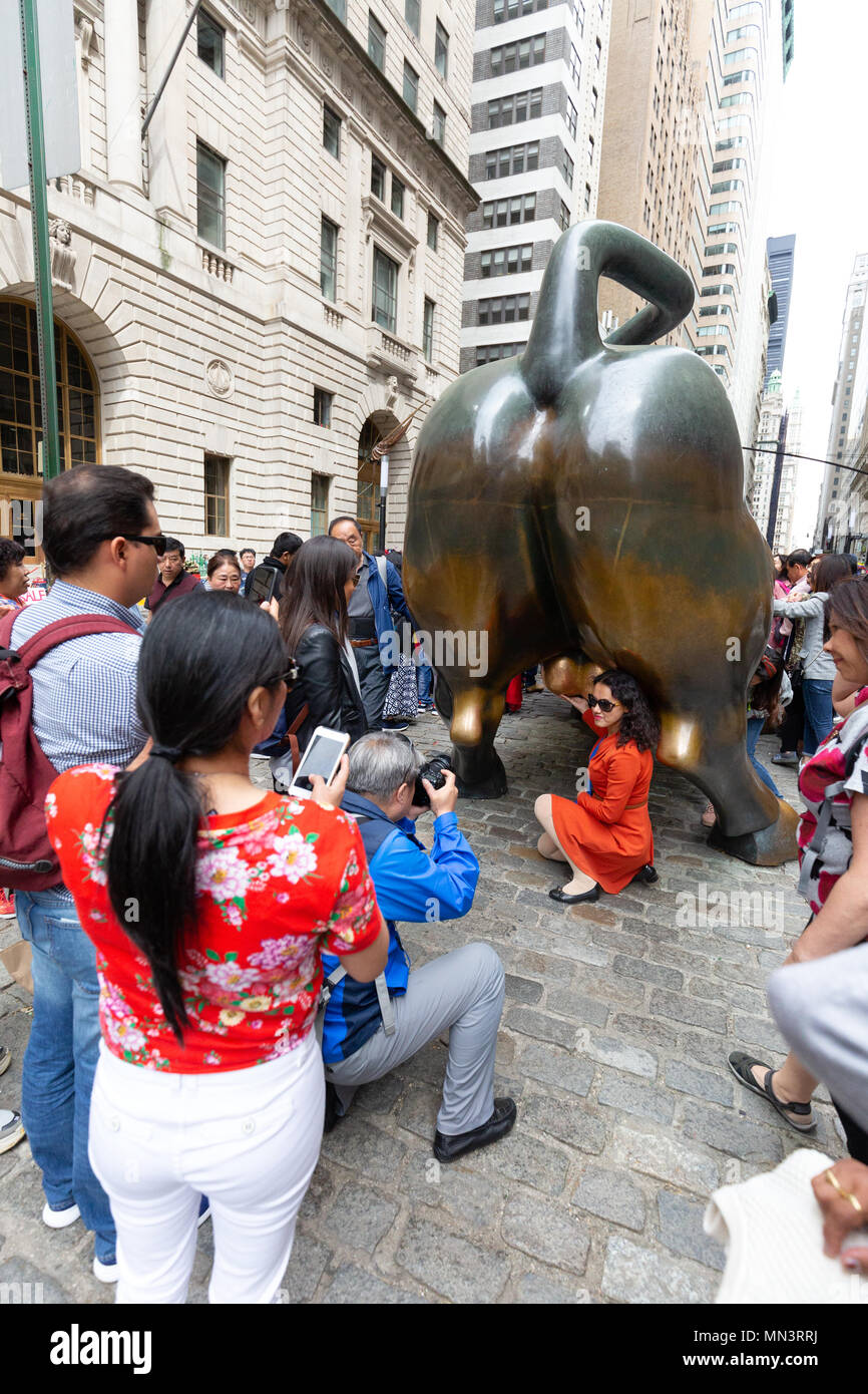 I turisti in posa con la estremità posteriore del Wall Street Bull, il centro cittadino di New York City, Stati Uniti d'America Foto Stock