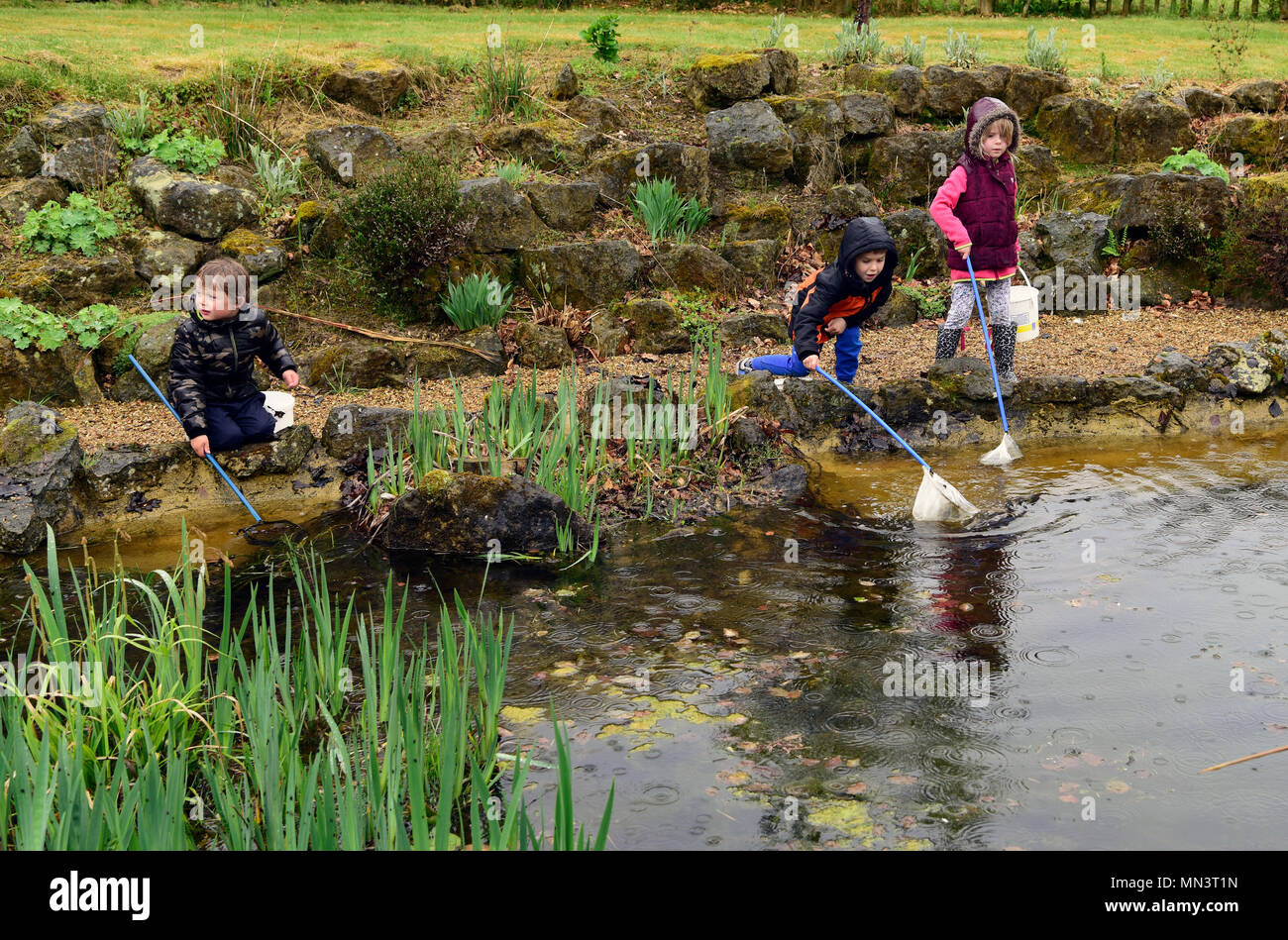 I ragazzi con attività di pesca in un stagno come parte di una natura e giardini consapevolezza ed esperienza giorno, Hindhead, Surrey, Regno Unito. 12.05.2018. Foto Stock