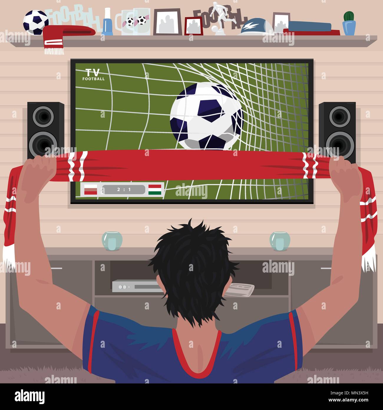 Appassionato di calcio gioisce per l'obiettivo. Visualizzazione di gioco del calcio di casa sul grande TV Illustrazione Vettoriale