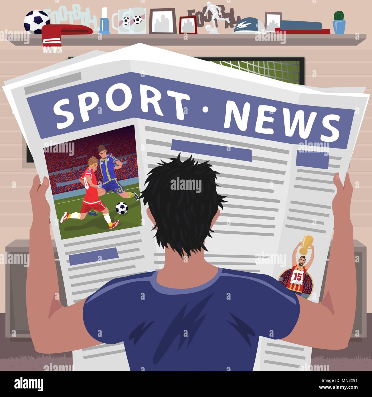 Giovane uomo la lettura di notizie di sport nel giornale. Tifoso di calcio in interessanti risultati di gioco del calcio Illustrazione Vettoriale
