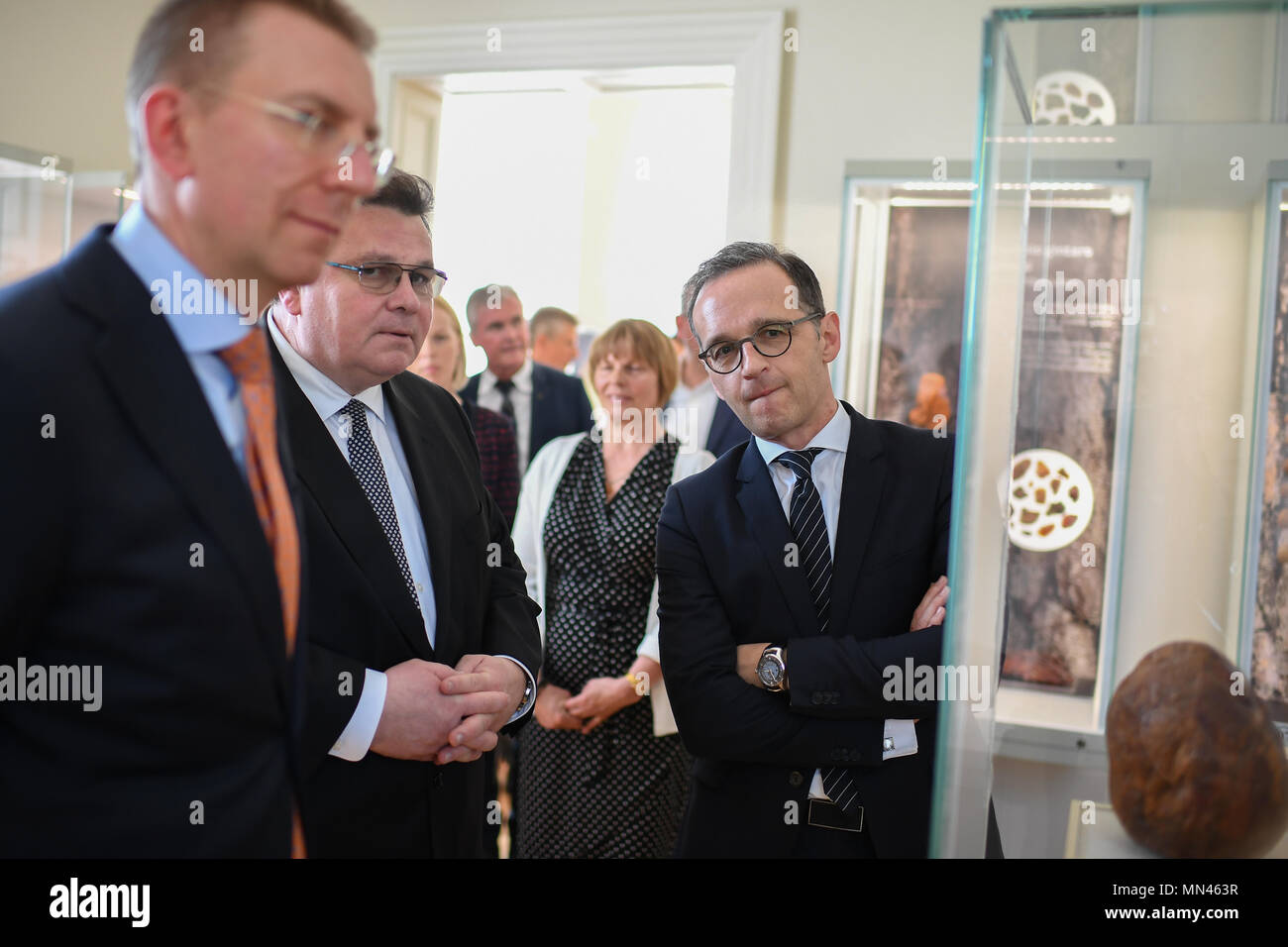 11 maggio 2018, Lituania, Palanga: il Ministro degli esteri tedesco Heiko Maas (SPD, R) riunione con la controparte lituano Linas Linkevicius (C) e omologo lettone Edgars Rinkevics (L) in Palanga Museo ambra. Foto: Britta Pedersen/dpa-Zentralbild/dpa Foto Stock