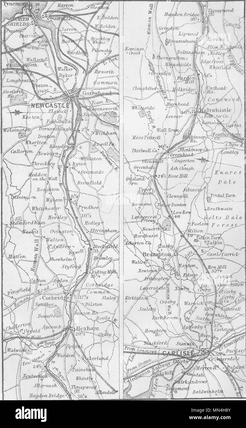 Le ferrovie. Newcastle, Carlisle, scudi, Tynemouth 1874 antica mappa grafico Foto Stock