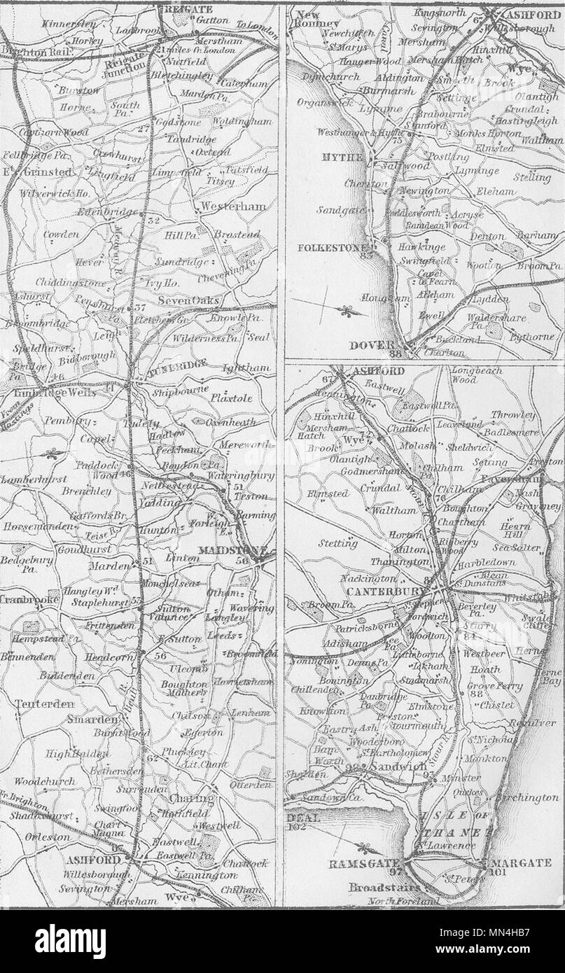 KENT. Reigate, Dover, Canterbury, Ramsgate, Margate 1874 antica mappa grafico Foto Stock