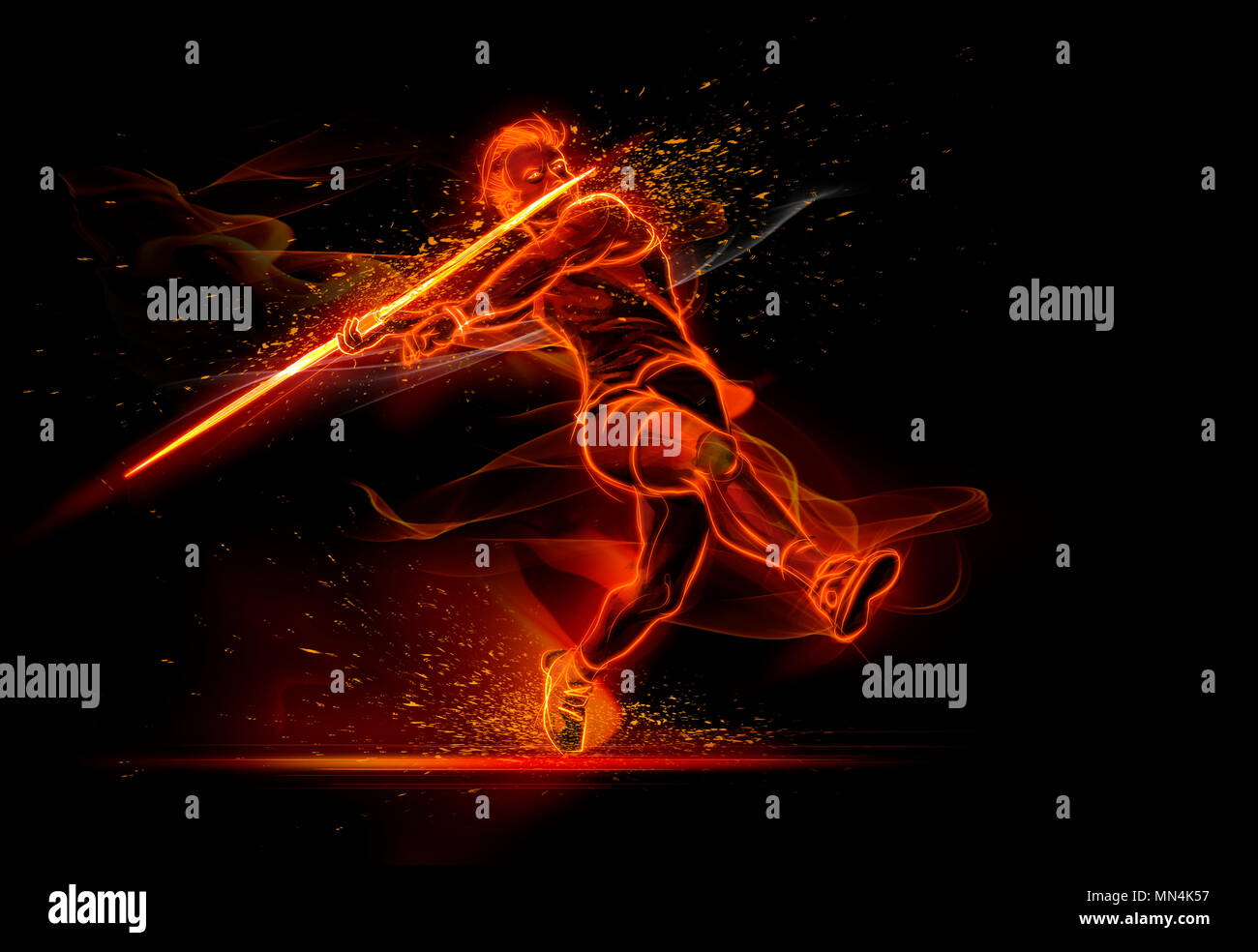 Computer immagine generata via e atleta di campo gettando giavellotto Foto Stock