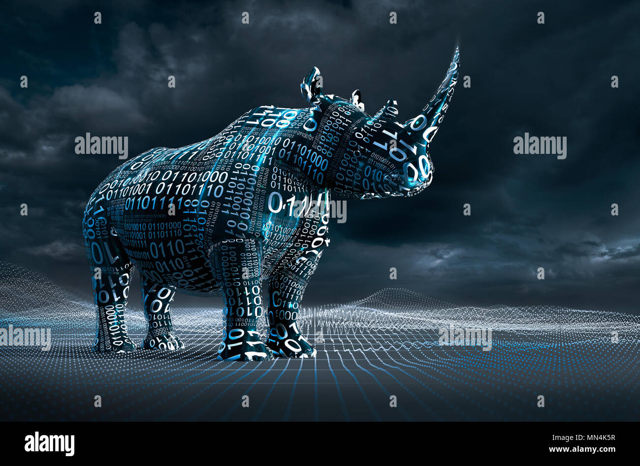 Computer immagine generato il codice binario su rinoceronti Foto Stock