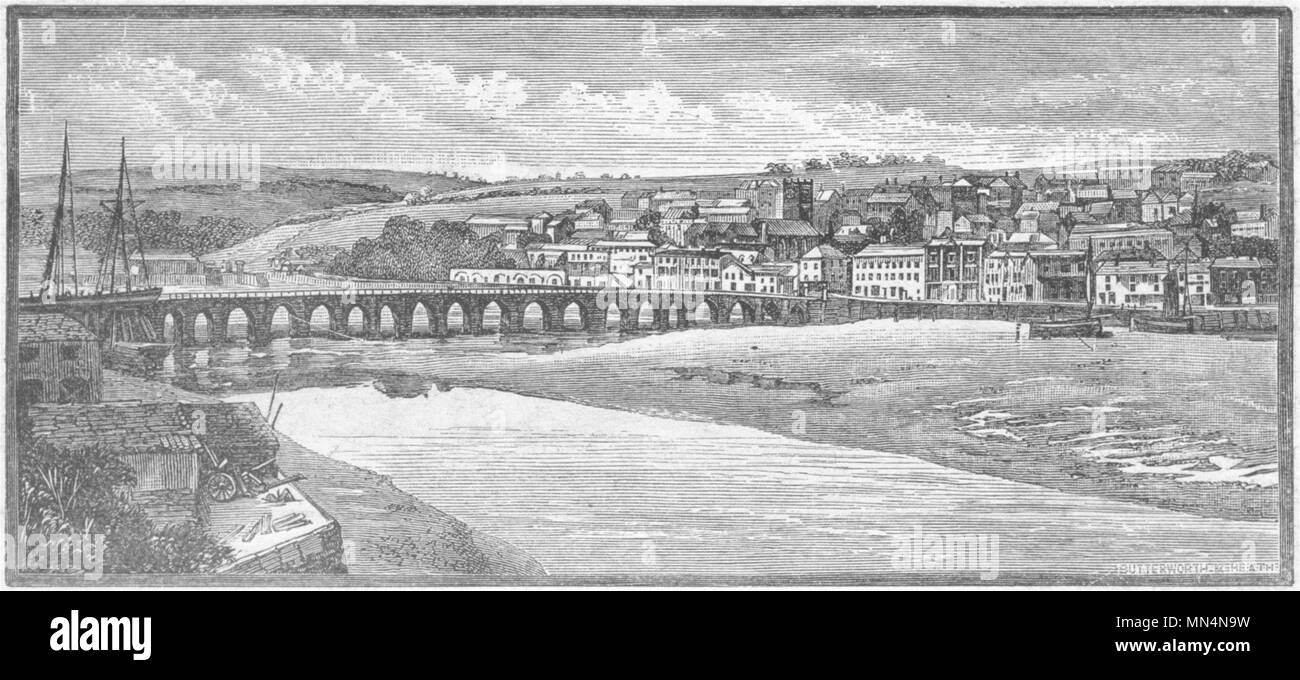 DEVON. Bideford bridge a bassa marea 1898 antica vintage delle immagini di stampa Foto Stock