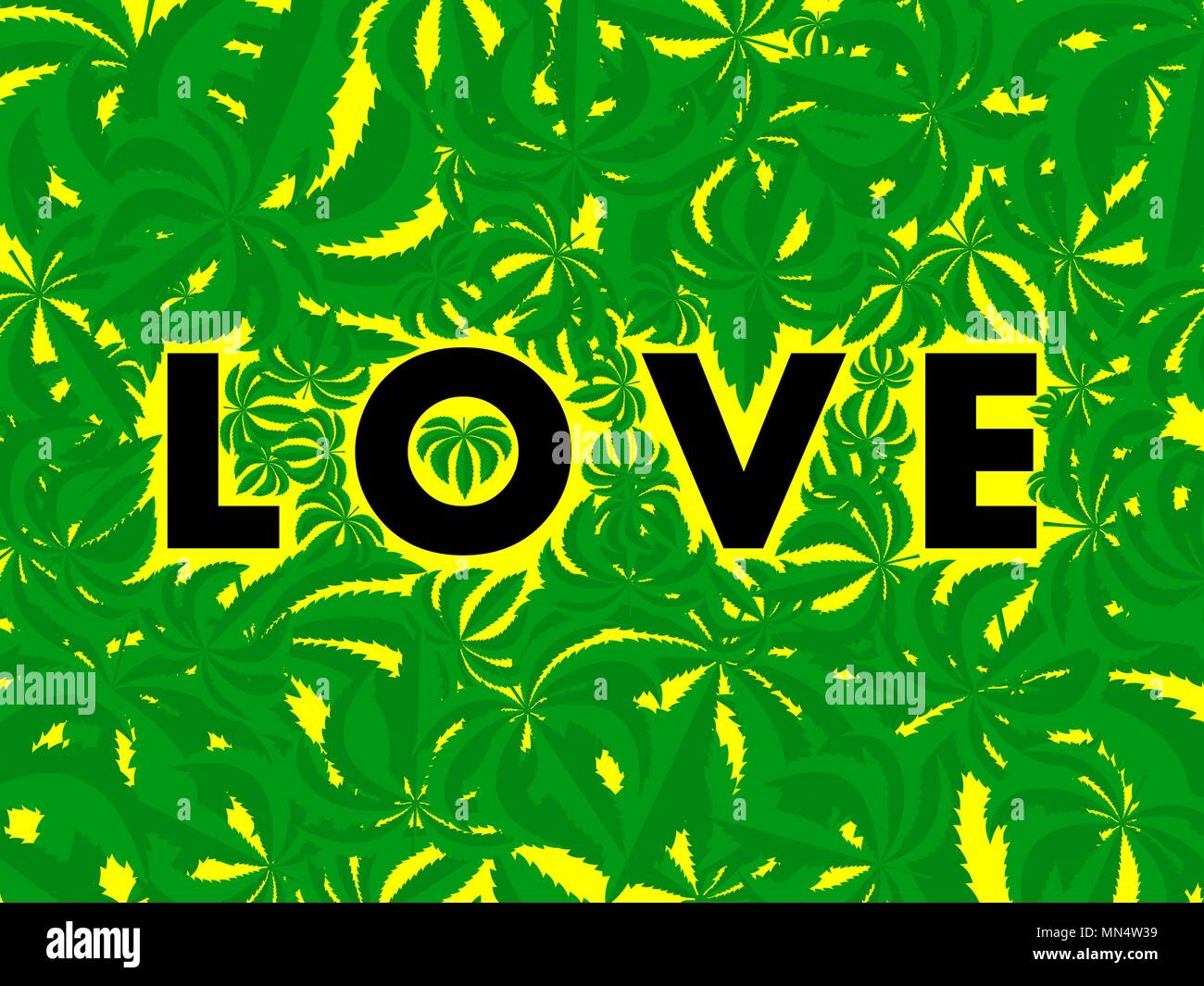 La parola amore sullo sfondo della cannabis o marijuana Illustrazione Vettoriale