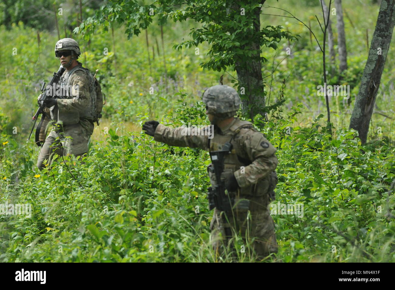 Scansione di soldati per bersagli 6 agosto 2017 durante la formazione annuale presso il Camp Ripley, MN. Durante una squadra live fire esercizio. L'evento di formazione è progettato per testare il lavoro di squadra, comunicazione e precisione di tiro le competenze di una squadra di fanteria. Foto Stock