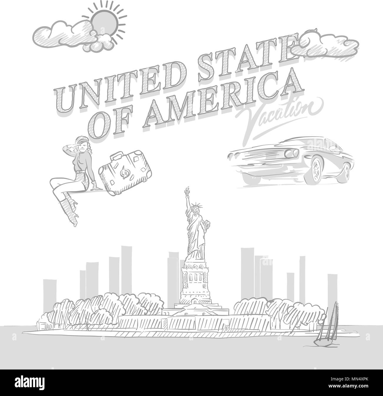 Stati Uniti travel marketing, set disegnati a mano a disegni vettoriali. Illustrazione Vettoriale
