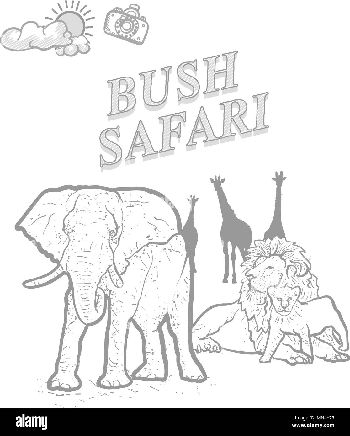 Bush safari travel marketing coperchio, set di disegnati a mano a disegni vettoriali. Illustrazione Vettoriale
