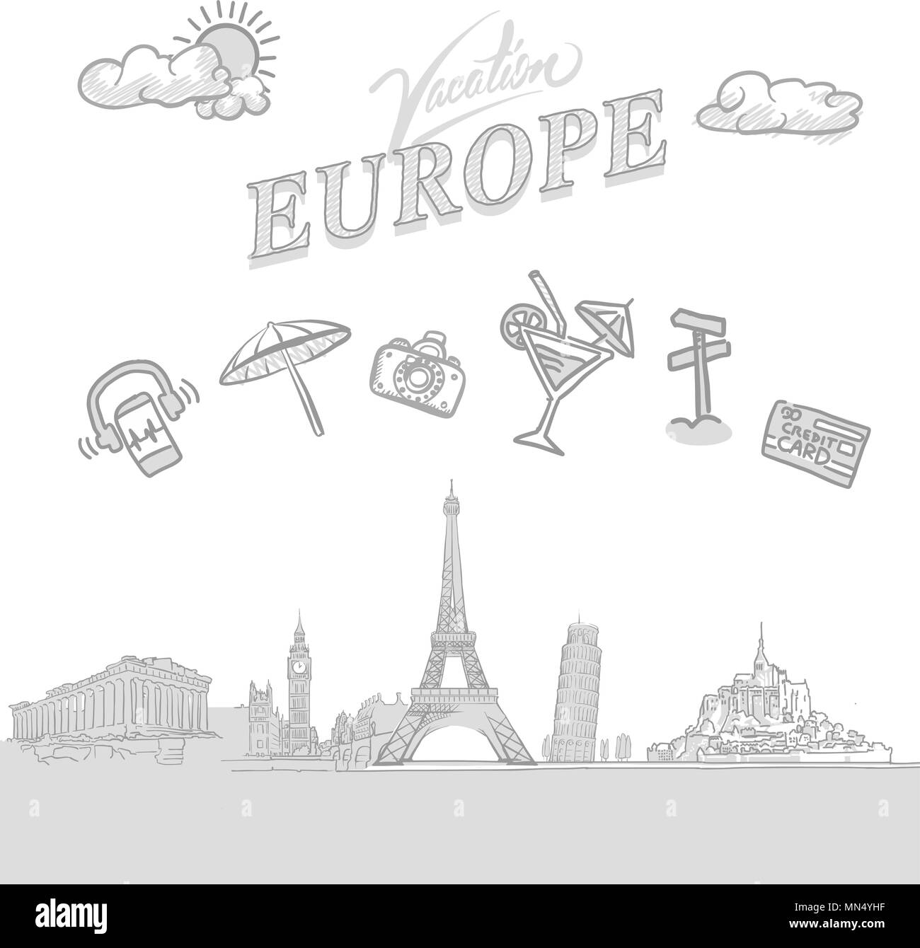 Europa travel marketing coperchio, set di disegnato a mano un vettore schizzi Illustrazione Vettoriale