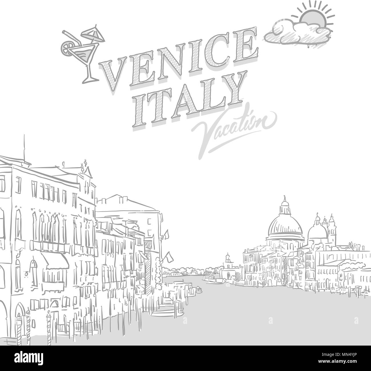 Venezia travel marketing coperchio, set di disegnato a mano un vettore schizzi Illustrazione Vettoriale