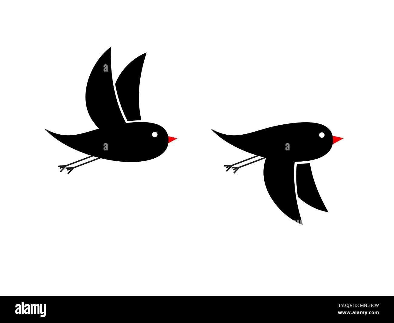 Nero piccoli uccelli volanti bianco su sfondo isolato Illustrazione Vettoriale