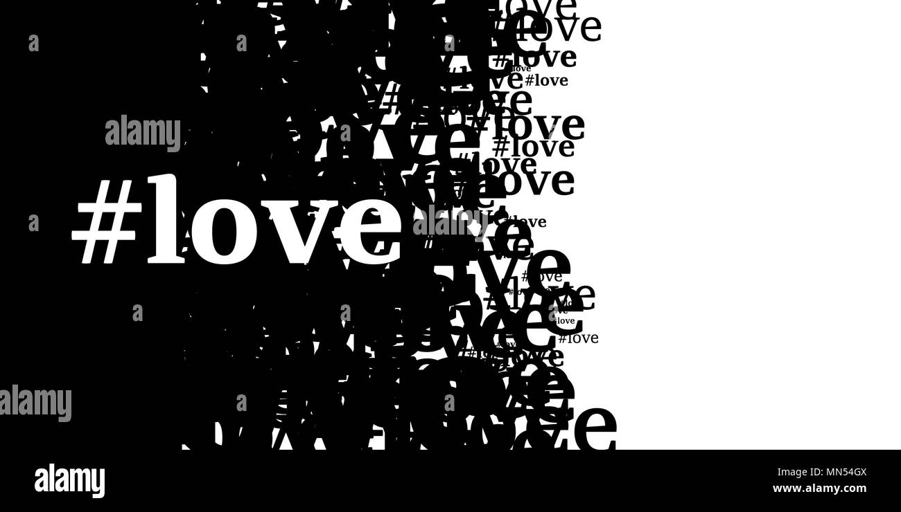 La parola amore con hashtag su sfondo nero con parole scritte dell'amore. Cartolina per il giorno di San Valentino Illustrazione Vettoriale