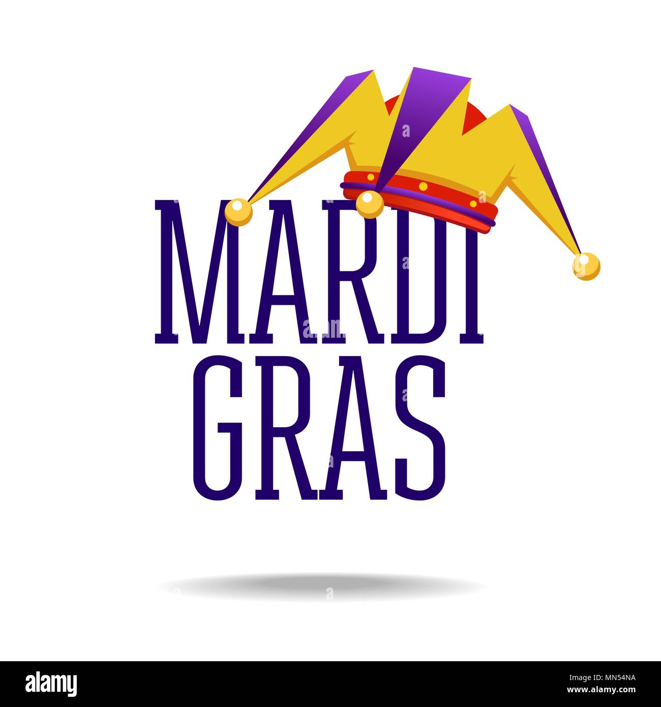 Cartolina per vacanza Mardi Gras. iscrizione del Mardi Gras con immagine del cofano del buffone su sfondo bianco Illustrazione Vettoriale