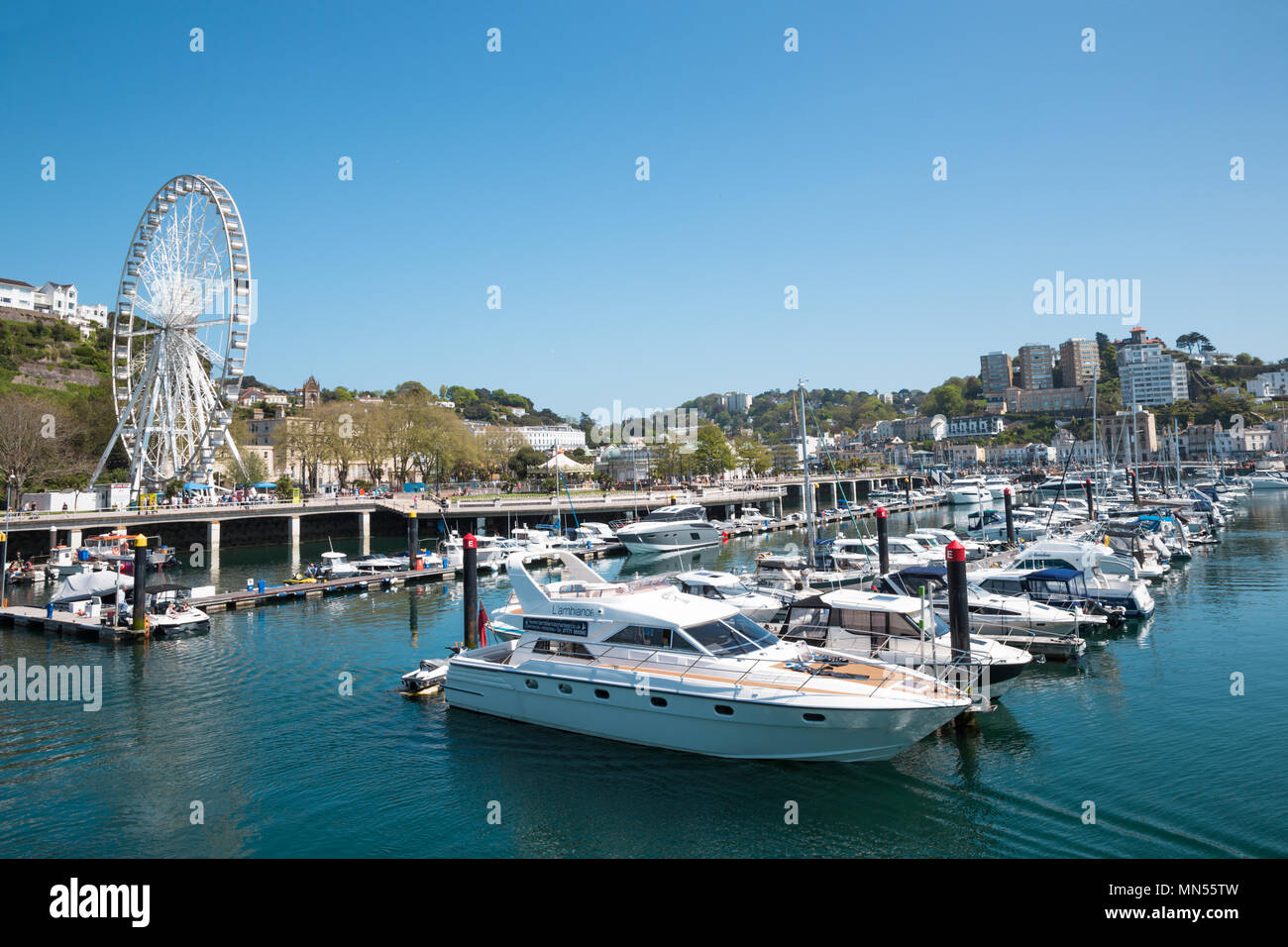 Barche nel porto di Torquay con REnglish Riviera ruota in background Devon UK Foto Stock