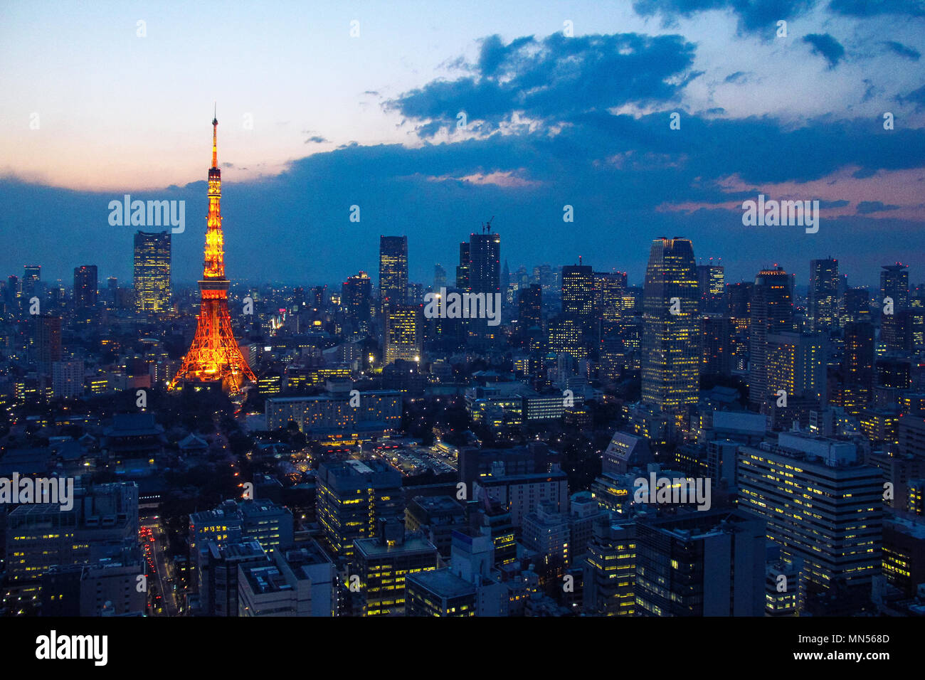 Vista aerea su Tokyo Tower e il Tokyo cityscape con elevato aumento architettura al tramonto a Tokyo in Giappone Foto Stock