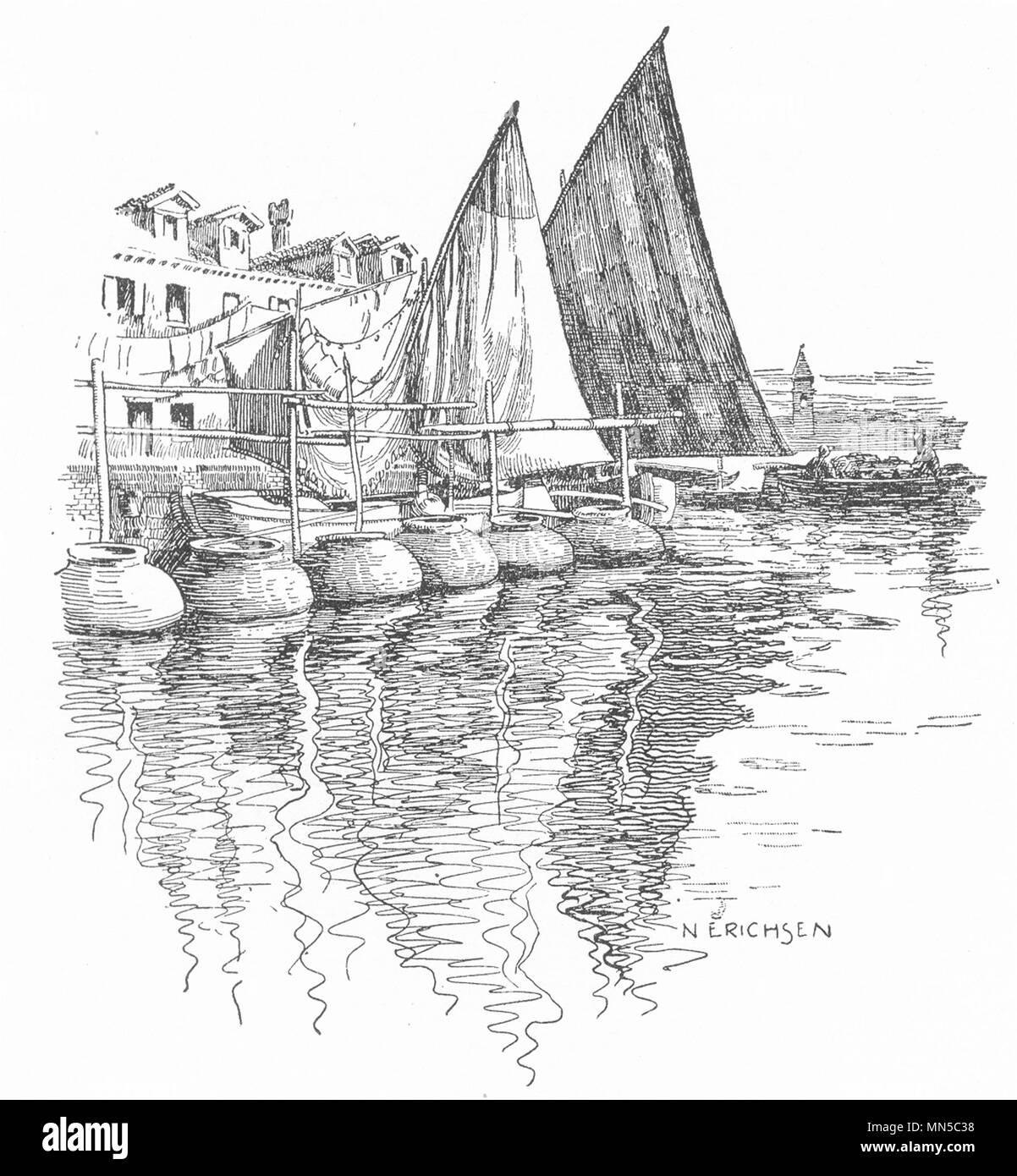 Venezia. Barche da pesca 1930 annata vecchia immagine di stampa Foto Stock