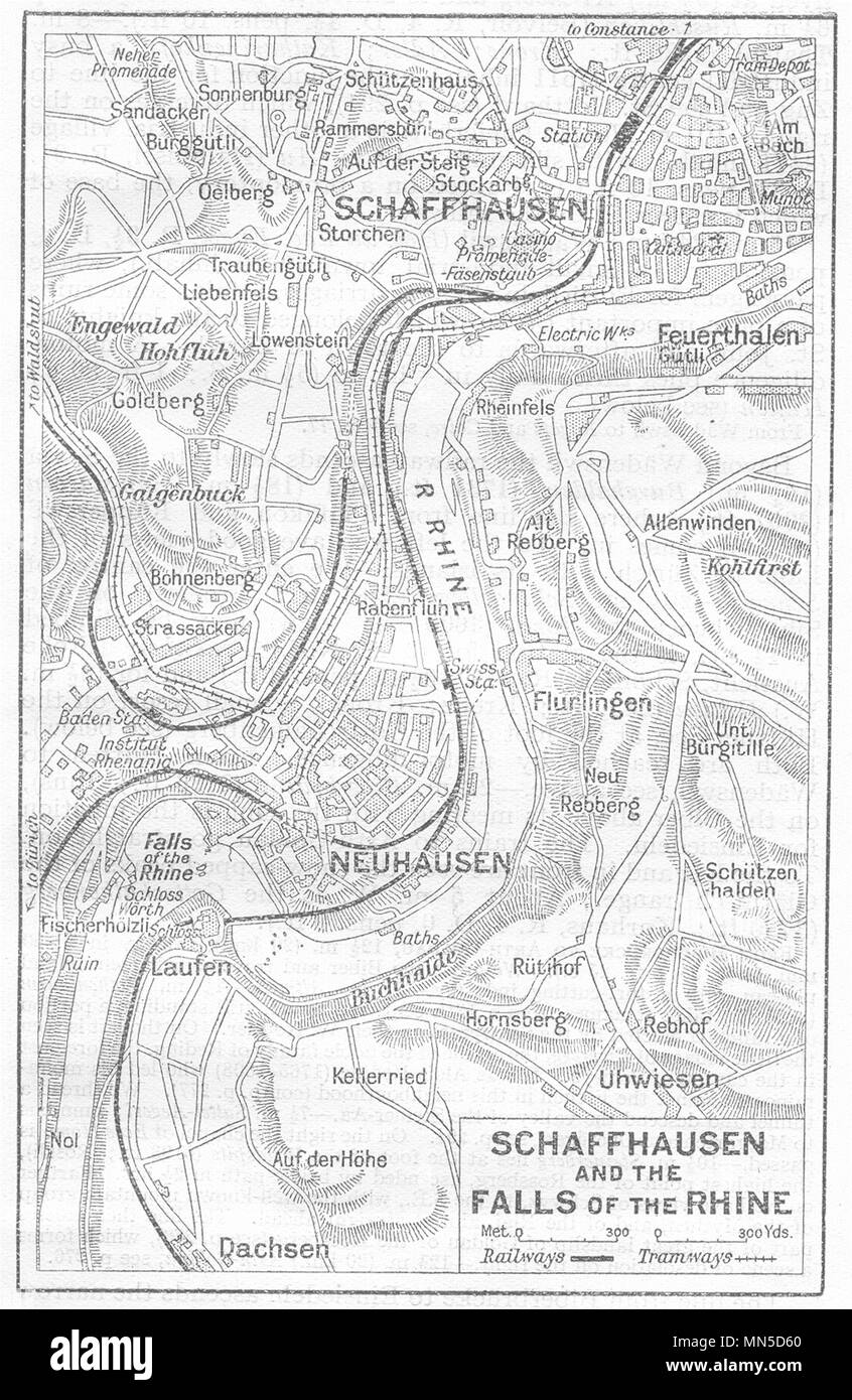 La Svizzera. Sciaffusa e le cascate del Reno 1930 old vintage map Foto Stock