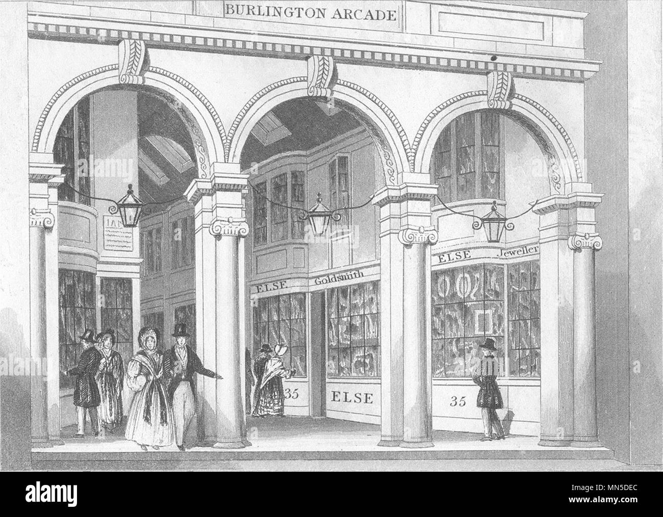 Londra. Entrata Nord di Burlington Arcade di Londra. DUGDALE 1845 antica stampa Foto Stock