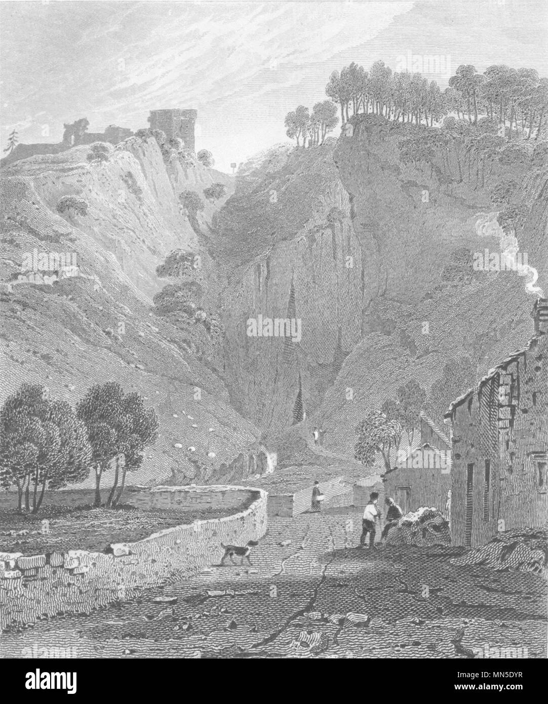 DERBYSHIRE. Peverel Castello, Derbyshire. DUGDALE 1845 antica immagine di stampa Foto Stock