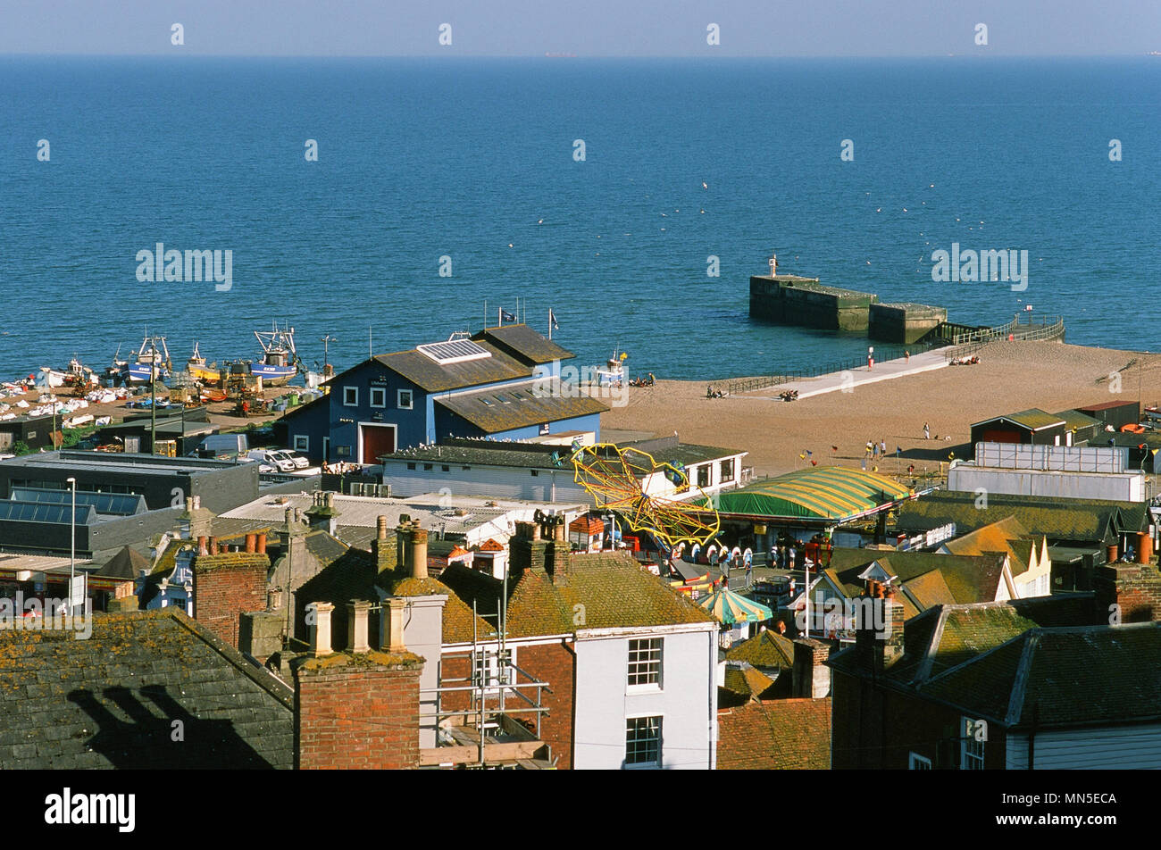 Hastings quartiere di pesca e porto, visto dal West Hill, East Sussex Regno Unito Foto Stock