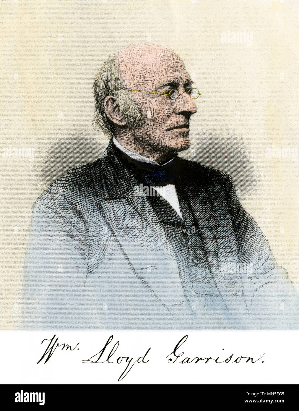 William Lloyd Garrison, ritratto con autografo. Colorate a mano l'incisione Foto Stock