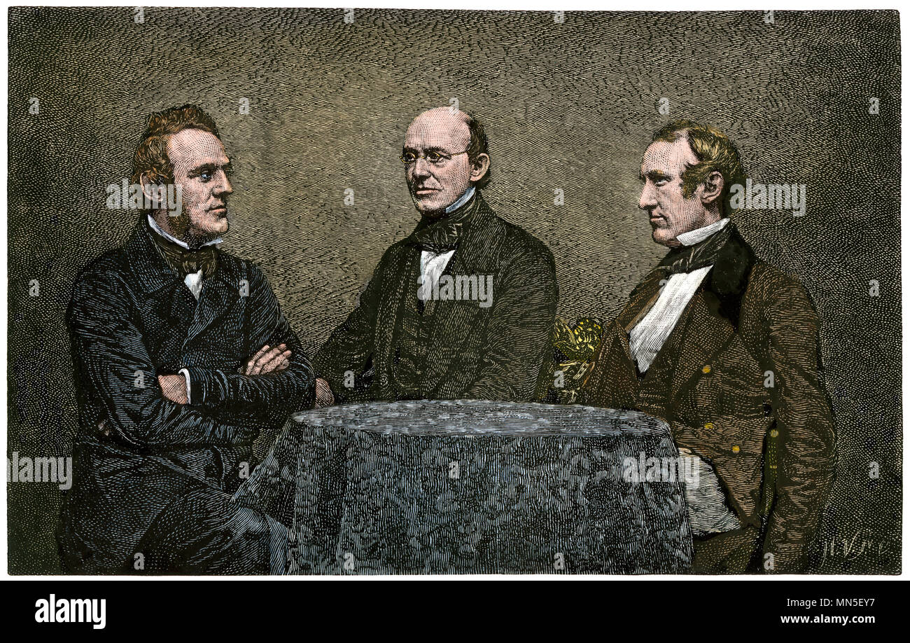 Abolizionisti George Thompson, William Lloyd Garrison, e Wendell Phillips conferimento, 1851. Colorate a mano la xilografia da un daguerrotype Foto Stock