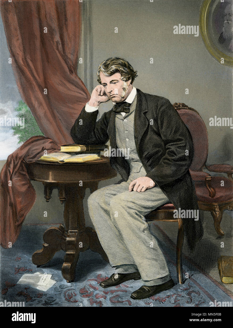 Il Senatore Charles Sumner alla sua scrivania. Colorate a mano l'incisione Foto Stock