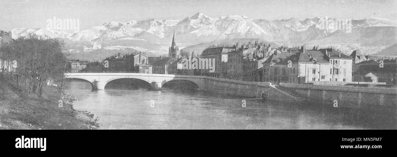 ISÈRE. La Chaine de Belledonne vue de Grenoble 1900 antica immagine di stampa Foto Stock