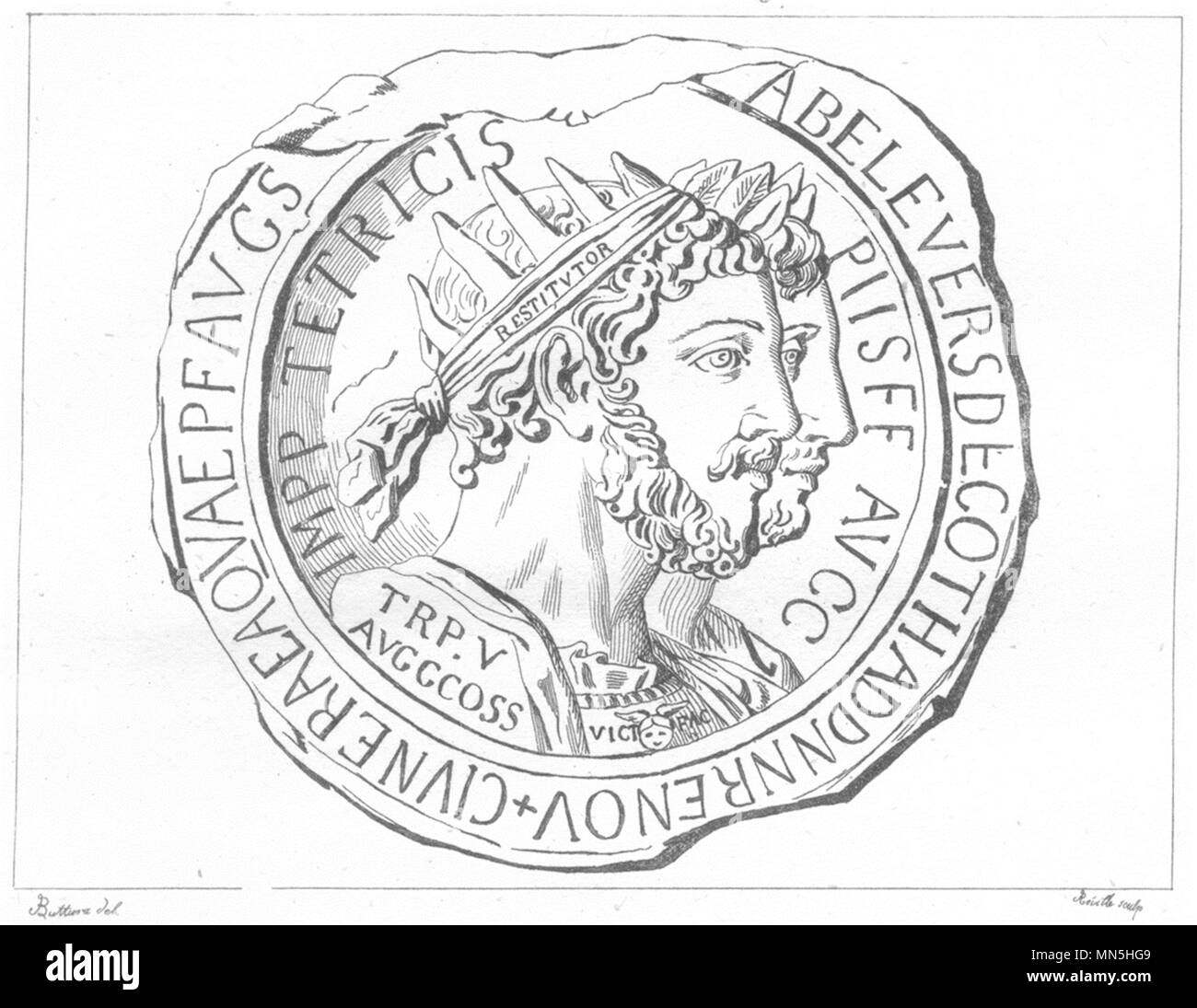 LOT-et-Garonne. Médaillon de tetricus découvert Nérac 1835 antica stampa Foto Stock