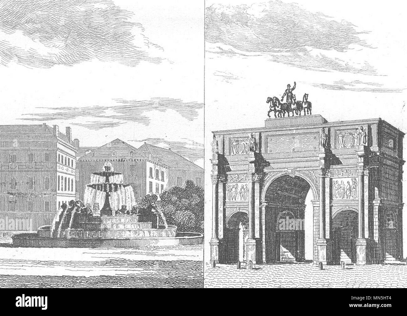 Parigi. Château d'Eau; Arc de triomphe du Carousel 1835 antica stampa Foto Stock