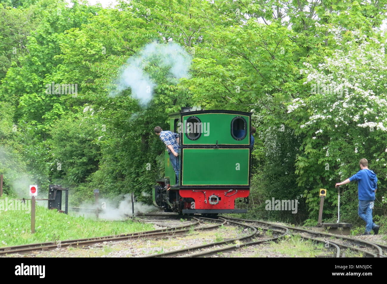 Un 90hp color verde treno a vapore chiamato Pedemoura stava facendo il test viene eseguito in avanti e indietro sul Leighton Buzzard Railway a scartamento via Foto Stock