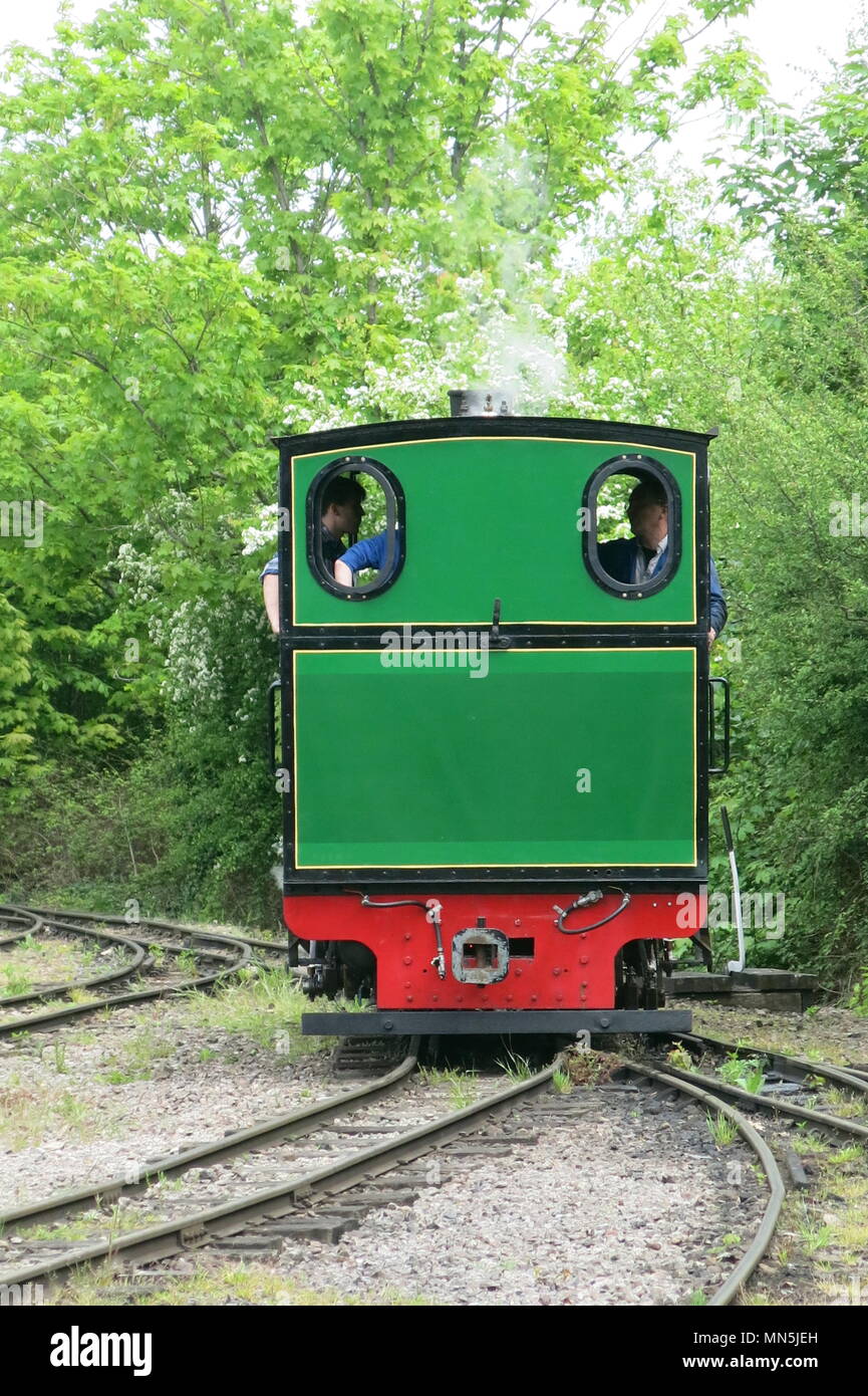 Un 90hp color verde treno a vapore chiamato Pedemoura stava facendo il test viene eseguito in avanti e indietro sul Leighton Buzzard Railway a scartamento via Foto Stock