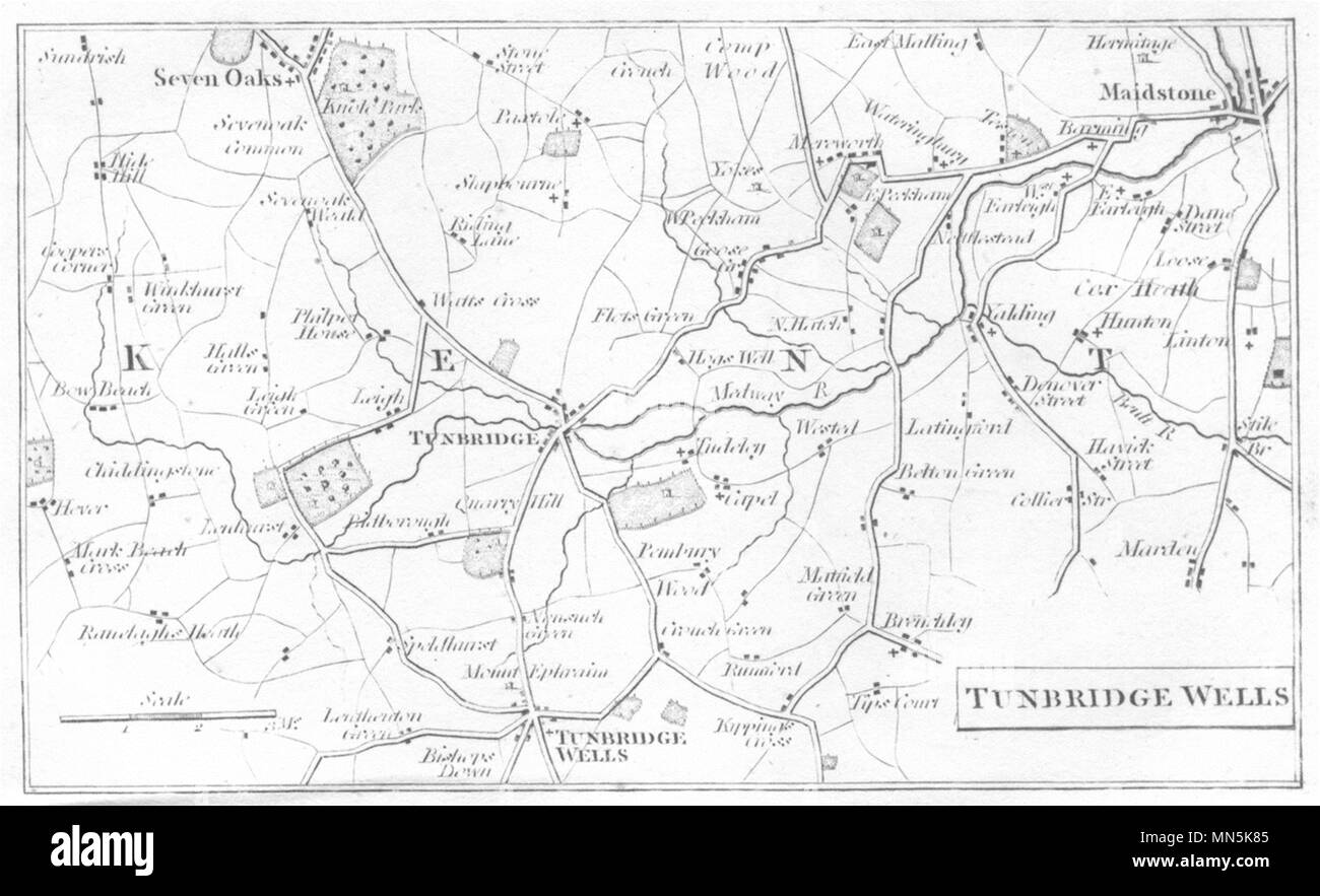 KENT. Tunbridge Wells 1808 antica vintage map piano grafico Foto Stock