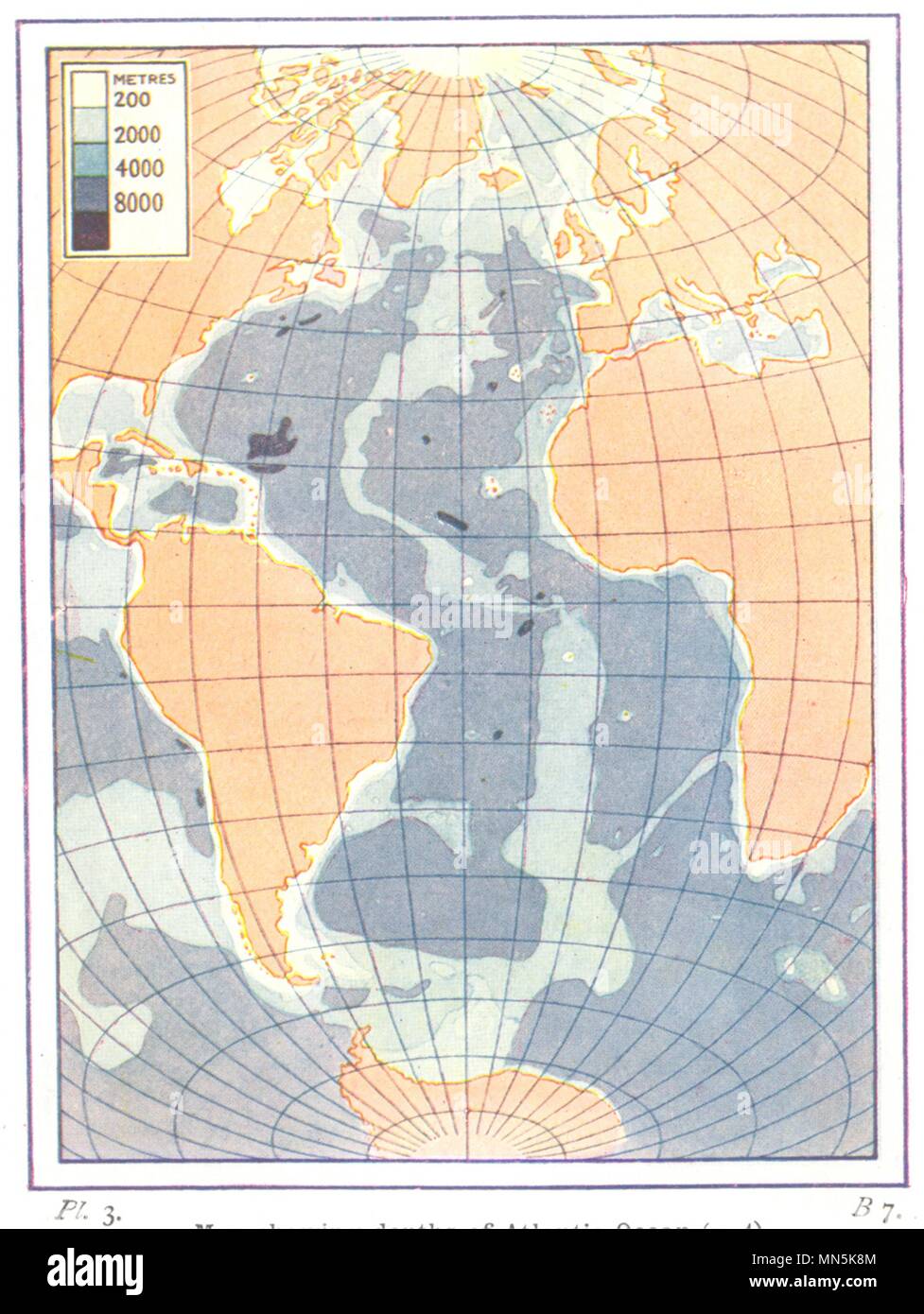 Atlantico. Mappa che mostra la profondità dell'oceano 1 Fathom = 6 piedi = 1. 83 metri 1936 Foto Stock