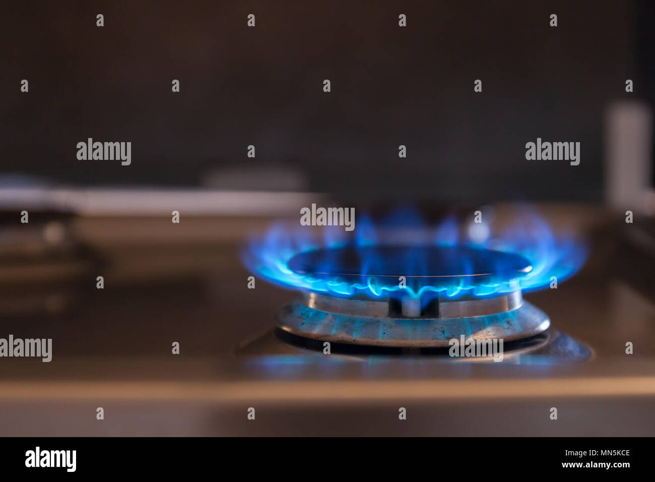 Bella blu fiamma sul bruciatore a gas Foto Stock