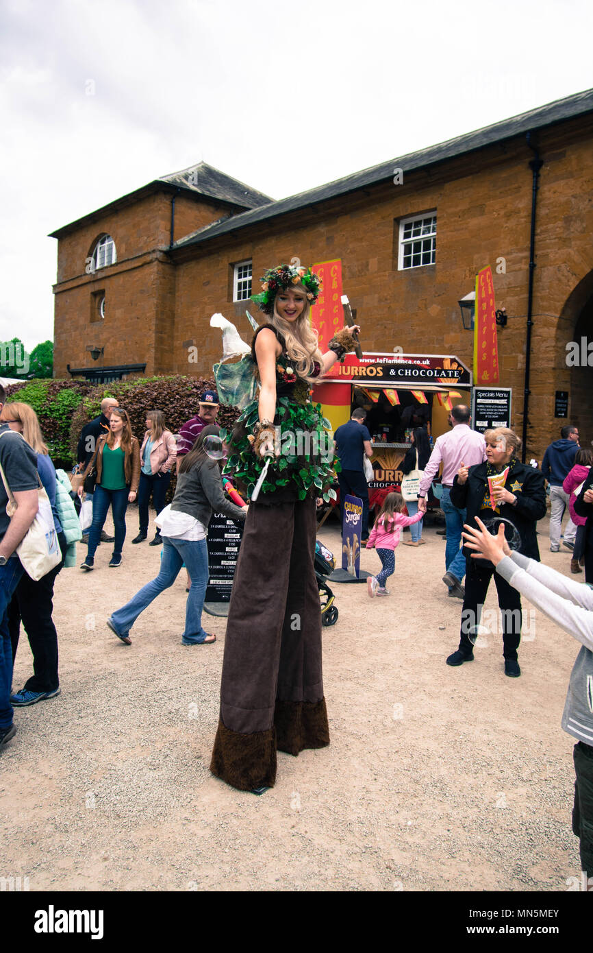 Ragazza su palafitte Althorp House Northamptonshire UK festa spettacolo ragazza bella vestito vecchio edificio palafitte ragazze persone luogo divertimento giorno muro vecchia Diana Foto Stock