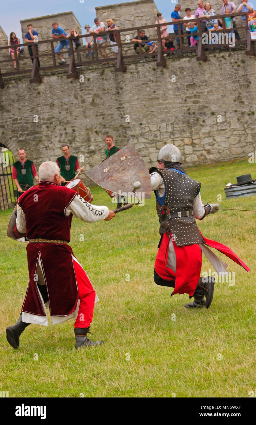 Guerrieri di fanteria combattere mostra dai membri dell'Ordine cavalleresco di San Giorgio di Visegrad (Ungheria). "Cavaliere del torneo con prugna". Szydlow, Polonia. Foto Stock