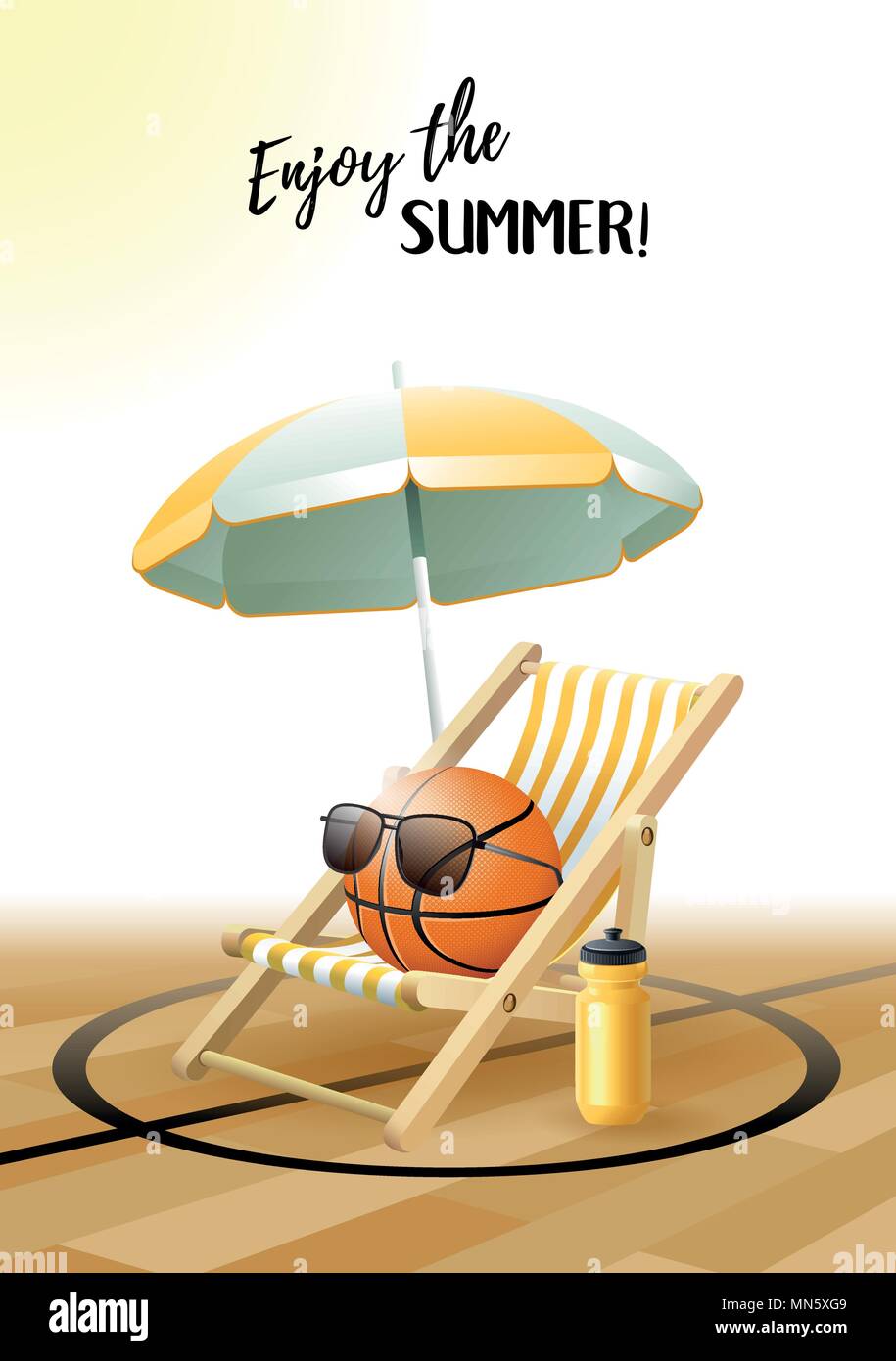 Godetevi l'estate! Scheda di sport. Il basket ball con occhiali da sole, ombrellone e sedia a sdraio e una bottiglia d'acqua sul pavimento in parquet. Illustrazione Vettoriale. Illustrazione Vettoriale