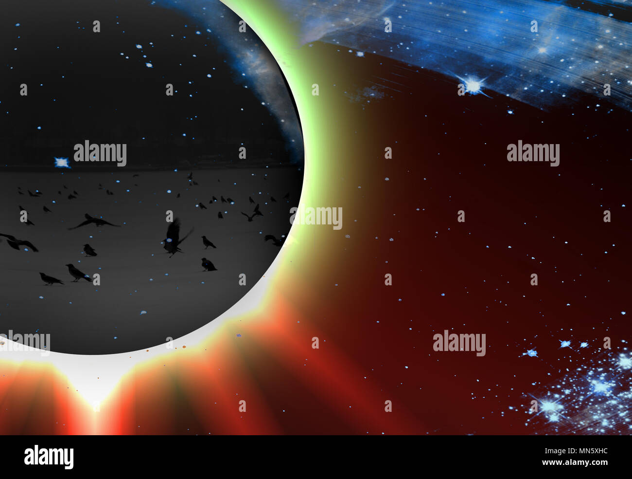 Gli elementi di questa immagine fornita dalla NASA. La finestra del mondo, buco. Fantasy sul soggetto di un'altra dimensione di spazio. Uccelli neri (fiocchi bianchi) Foto Stock