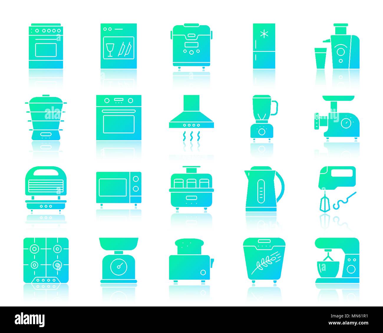 Elettrodomestici per la cucina di silhouette set di icone con la riflessione. Colore segno web kit di attrezzature. Cucina icona vettore collezione include il sistema di cottura a vapore, il trinciapaglia, gr Illustrazione Vettoriale