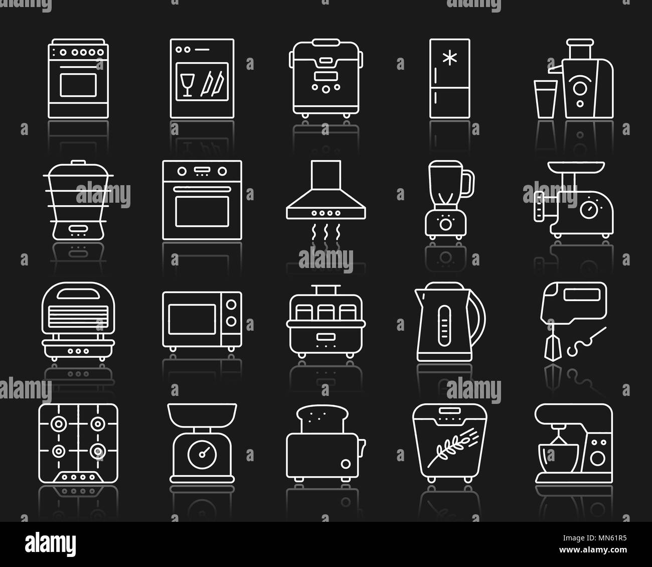 Elettrodomestici per la cucina di una linea sottile set di icone. Profilo segno web kit di attrezzature illustrazione vettoriale. Elettrodomestici per la cucina lineare raccolta icona include blen Illustrazione Vettoriale