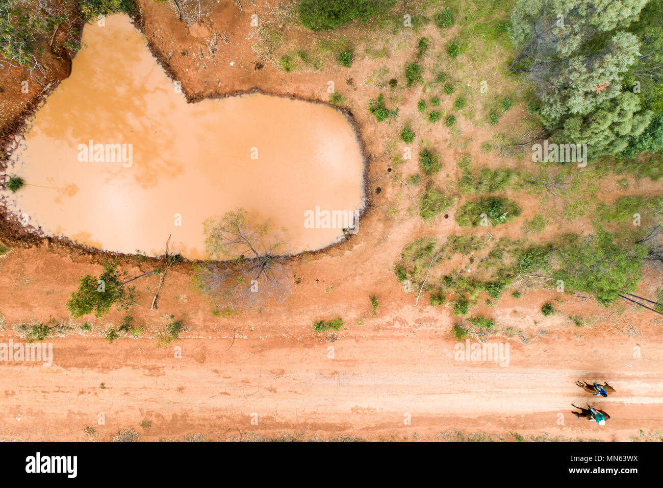 Foto aerea di una diga di sporco su una fattoria in Queensland. Foto Stock