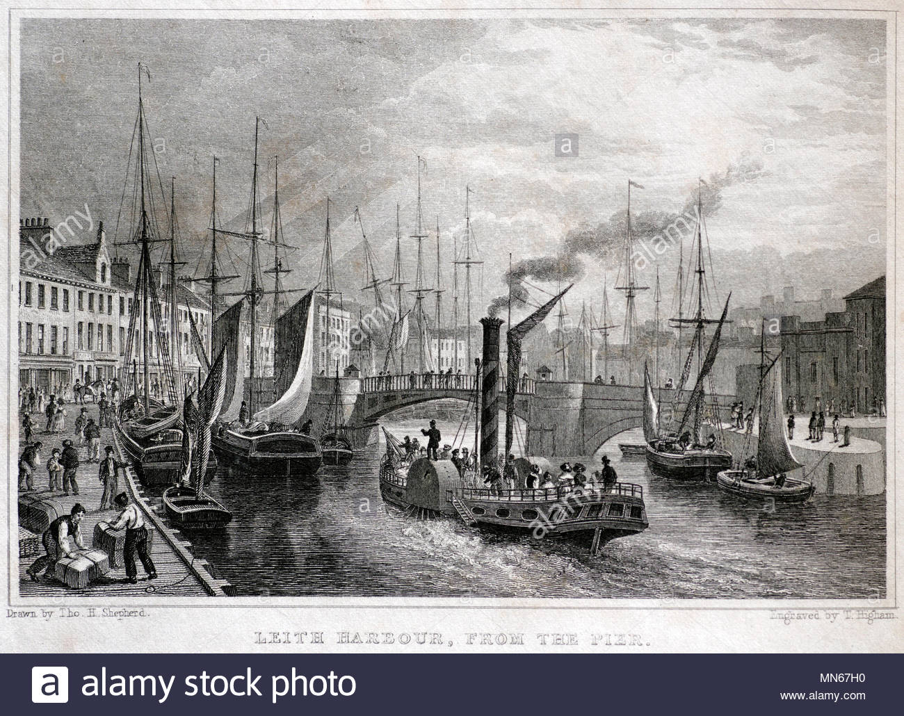 Leith Harbour, dal molo, Edimburgo, antica incisione da 1829 Foto Stock
